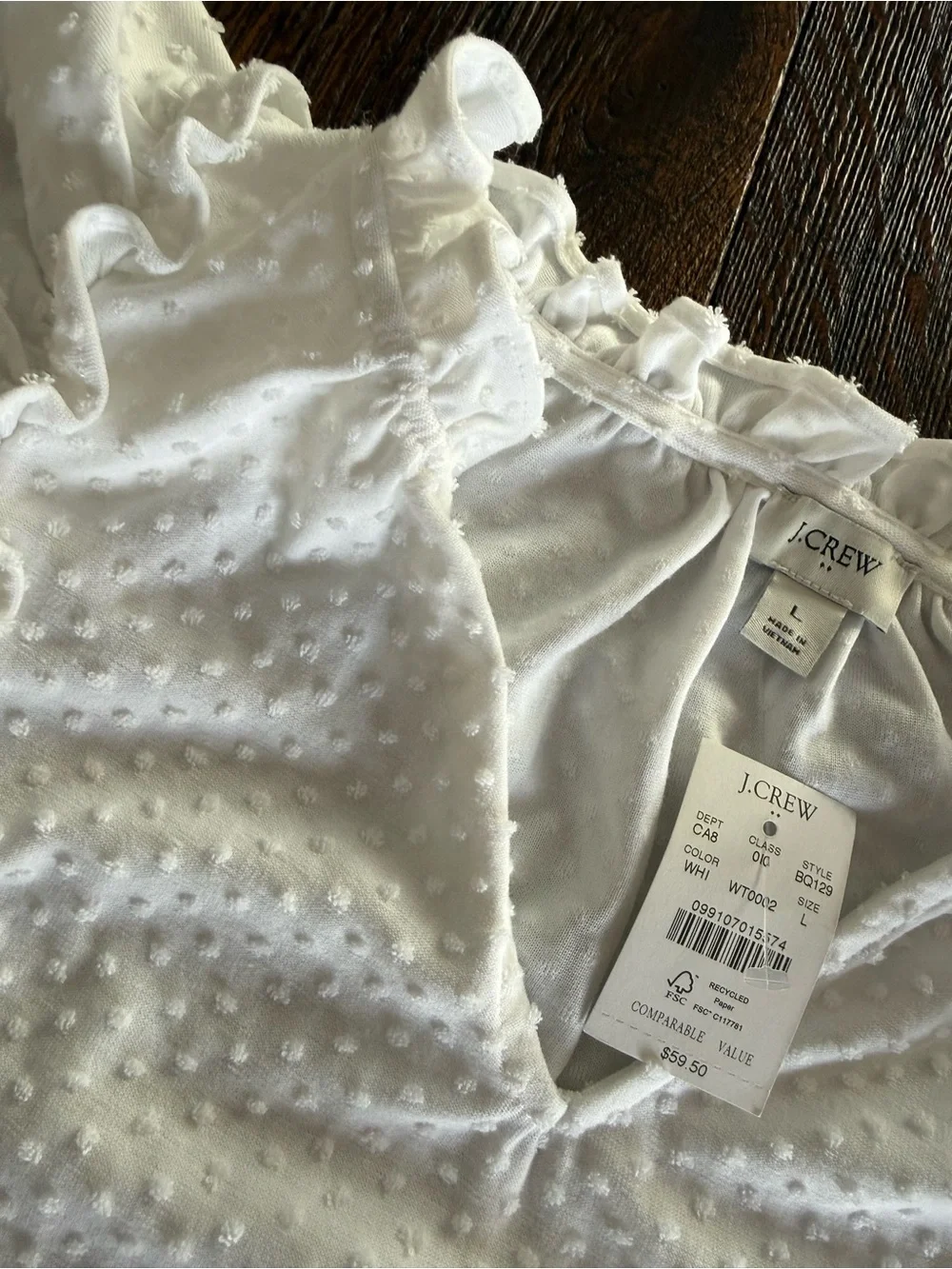 J. Crew White Swiss Dot Sleeveless Blouse with Ruffle Trim